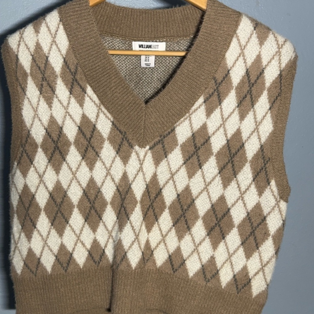 William Rast Brown and White Argyle V-Neck Sweater Vest